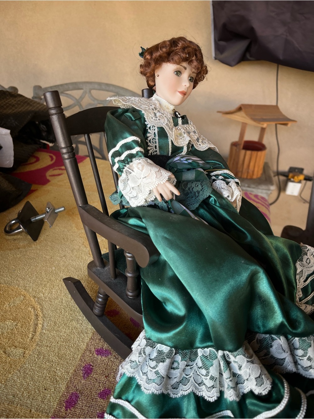 Porcelain Victorian-Style Doll in Emerald Green Satin Dress